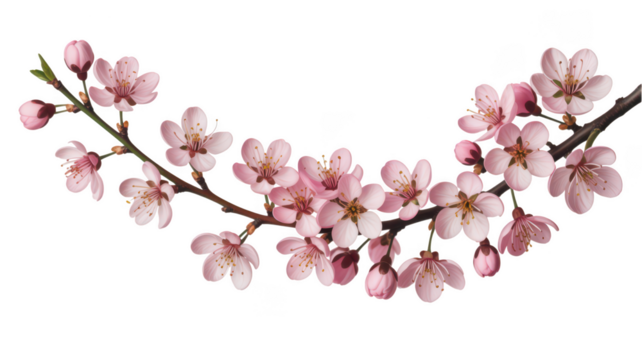 Delicate pink cherry blossoms on a curved branch isolated on transparent background