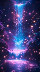 Naklejka premium A vibrant, fantastical waterfall cascades down into a pool, surrounded by glowing orbs and lush, colorful vegetation in a dreamlike scene.