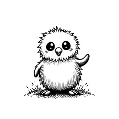 Adorable little fluffy chick illustration waving its wing with a gentle happiness expressing