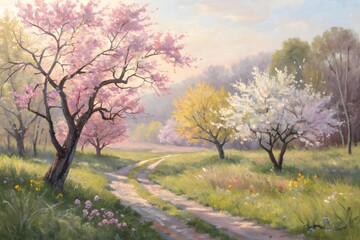 Obraz premium A beautiful spring landscape in the park with blooming trees under a blue sky