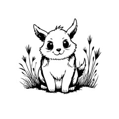 Adorable monochrome bunny illustration amidst tall grass, a charming hand drawn vector design with