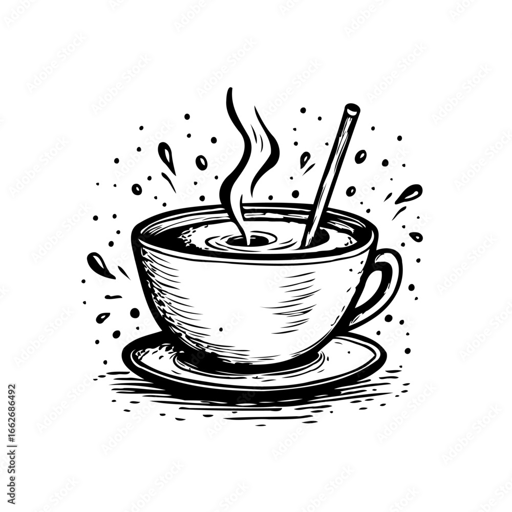 Poster artistic depiction of steaming coffee in a cup with saucer featuring stylized lines and patterns