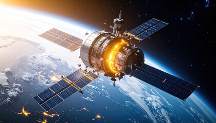 Fototapeta premium Satellite orbiting Earth with space technology, communication, and futuristic.