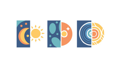 Illustration of celestial bodies and earth's layers in geometric style with split color scheme