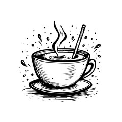 Artistic depiction of steaming coffee in a cup with saucer featuring stylized lines and patterns