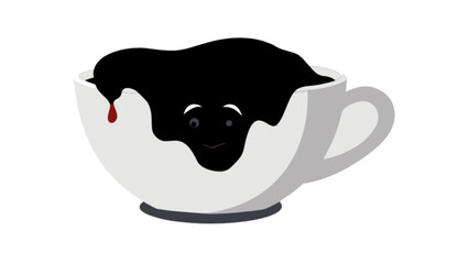 A cartoon cup filled with black liquid and a happy face with a single red drip on the side view