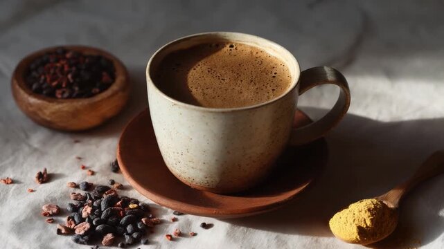Aromatic Morning: A captivating view of a cup filled with rich, brewed coffee. Nestled beside are carefully arranged raw ingredients, capturing the freshness of the start of a day.