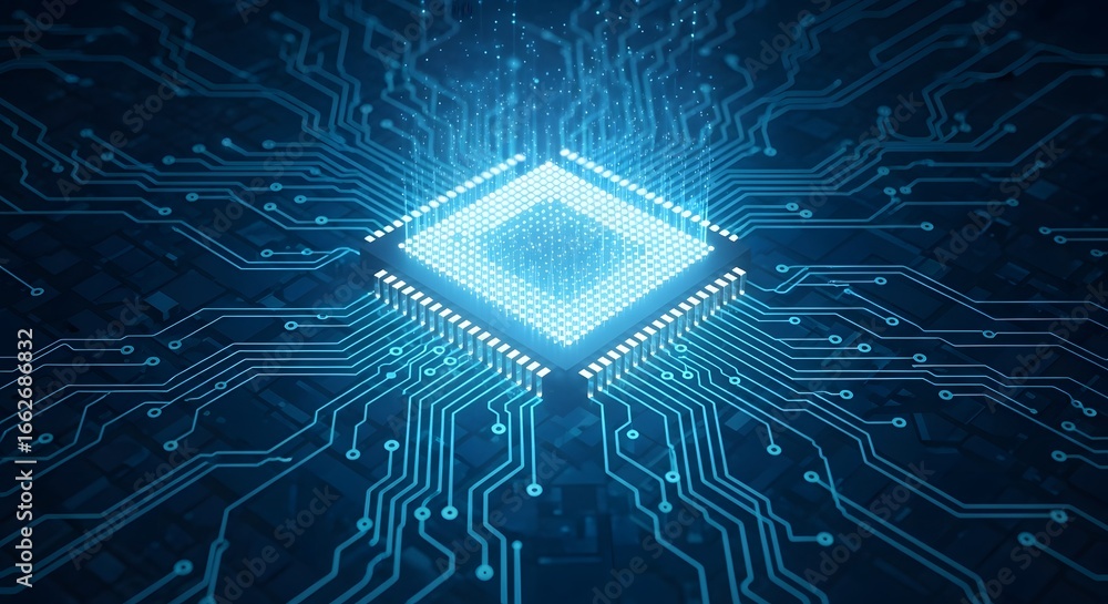 Poster a glowing microchip on a circuit board, symbolizing advanced technology and artificial intelligence