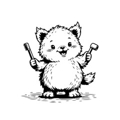 Cartoon adorable cat holding toothbrush and dental mirror promoting oral health and hygiene