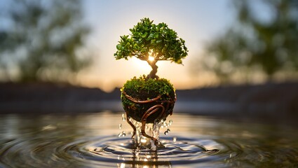 Kokedama bonsai tree in water creating ripples representing harmony and tranquility