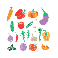 Hand drawn set colorful doodle vegetables in trendy organic style. Red and green pepper, hot chili, tomatoes, jalapeno, paprika, seeds, herbs. Vegetables cut in half, piece. Flat icons. Farm products