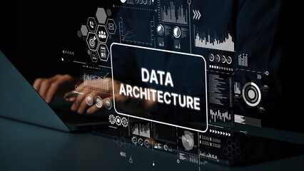Hands Typing on Laptop with Data Architecture Overlay and Graphical Data Visualization Elements. Asymptotic smart data analytic.