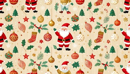 Christmas pattern with Santa Claus, ornaments, and holly