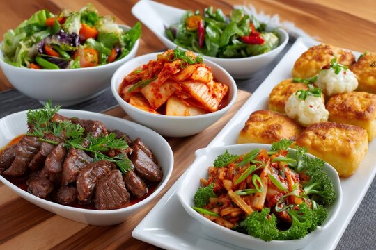 Delicious korean food including kimchi, braised beef, dubu jorim and mixed salads is served on a wooden table
