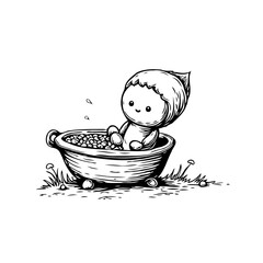 Charming monochrome illustration of a cute character enjoying a whimsical bath filled with