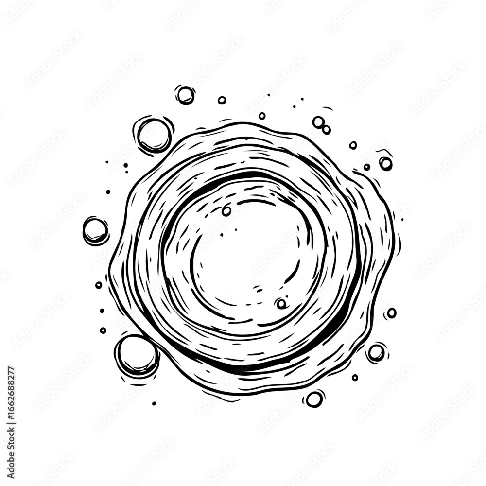 Poster circular abstract swirling vortex design with surrounding dots creates a mesmerizing monochrome