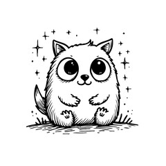 Charming whimsical feline character radiating cuteness in a black and white illustration
