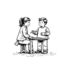 Children's playful interaction: A cartoon illustration of a boy and girl at a table sharing ideas