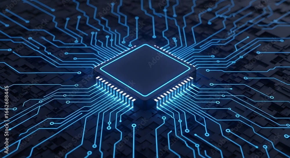 Poster close up of a computer chip on a circuit board representing modern technology and computing