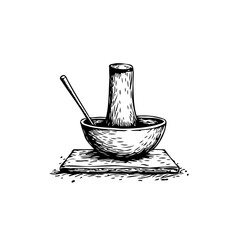 Conceptual minimalist sketch of wooden mortar and pestle resting on a wooden slab simplistic