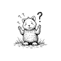 Confused furry creature illustration with questioning marks and curious expression stands alone