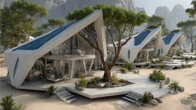 Discover modern eco-friendly villas with solar panels in a stunning desert landscape for sustainable living and contemporary architecture design inspiration