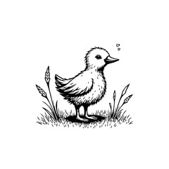 Delicate duckling illustration featuring an adorable baby bird standing in a serene grassy habitat