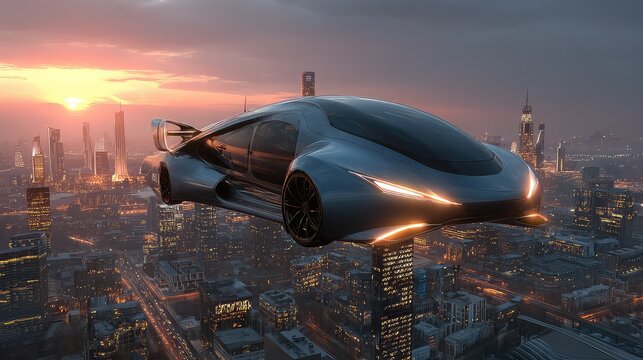 Experience the future with a sleek flying car soaring above a vibrant city skyline at sunset, promising innovation and futuristic transportation solutions