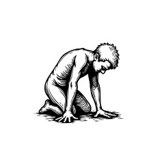 Depiction of a crouched figure rendered in stark monochrome exhibiting profound emotion or deep