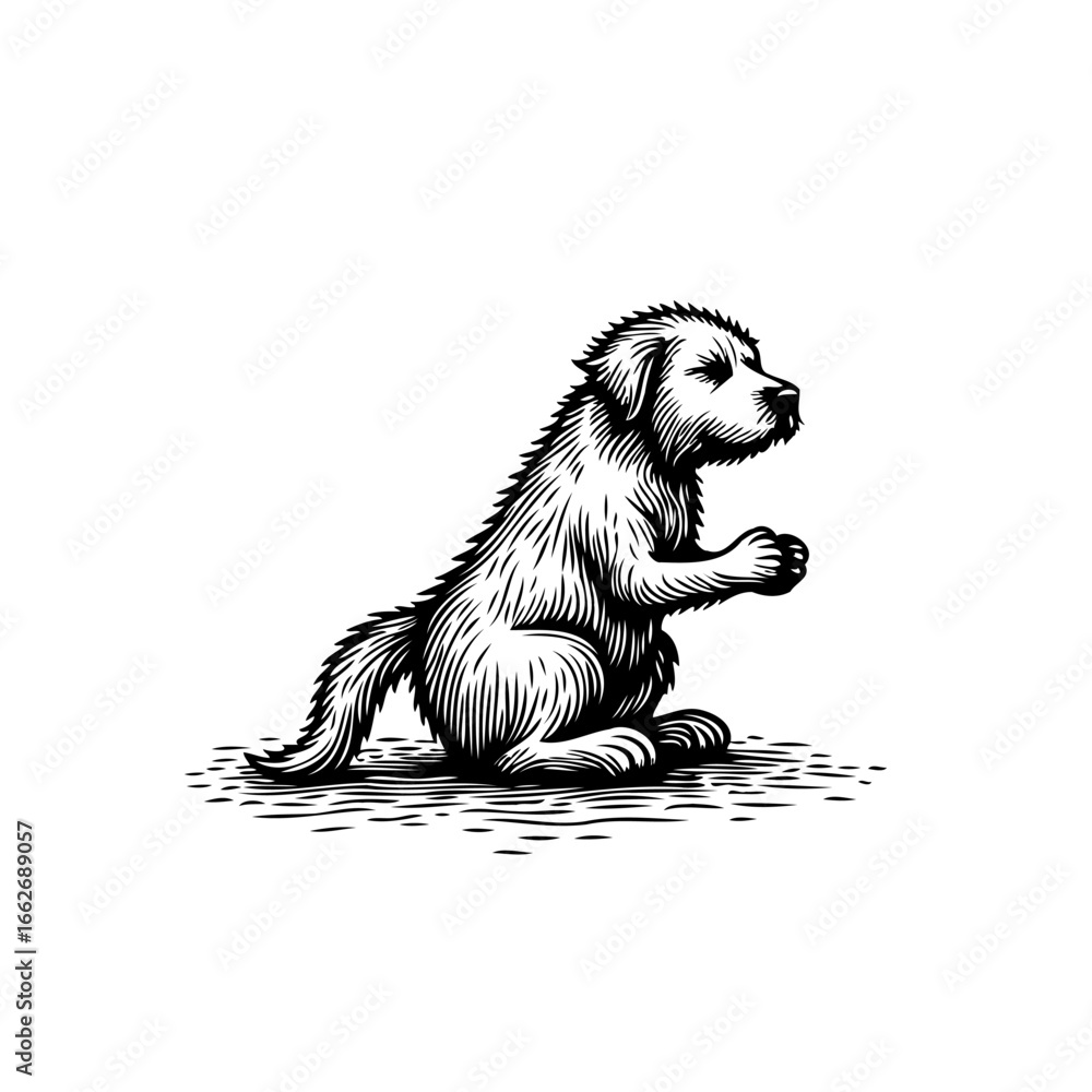 Poster detailed monochrome drawing of a charming puppy showing a specific posture and style displaying