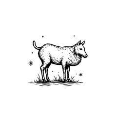 Detailed monochrome artistic illustration of a distinctive animal figure standing amidst sparse