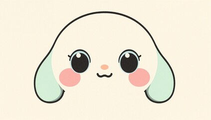 Adorable kawaii puppy face illustration featuring big sparkling eyes, pink cheeks, and pastel ears upon the soft beige background, creating a playful and charming cartoon style