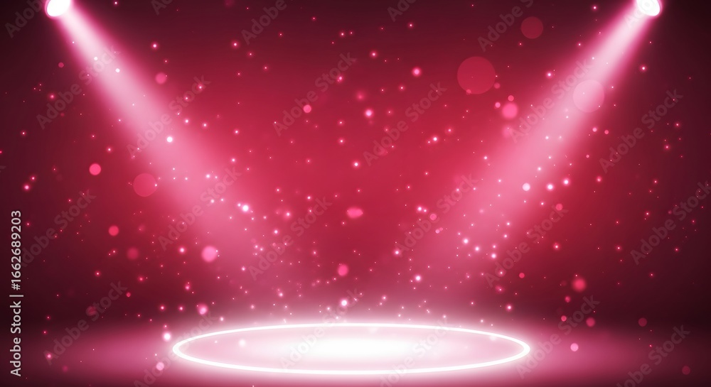 Aufkleber two bright spotlights illuminate a stage with a red background and sparkling particles