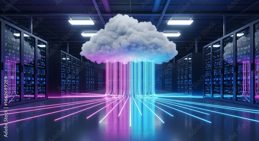 Poster a cloud hovers over a server room, symbolizing cloud computing and data storage