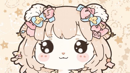 Fototapeta premium Adorable kawaii chibi girl illustration featuring fluffy hair, pastel bows, and sparkling big eyes, drawn within soft beige tones with star accents for the dreamy playful mood