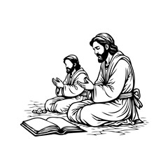 Devout contemplation two figures illustrated kneeling together with prayer book seeking spiritual