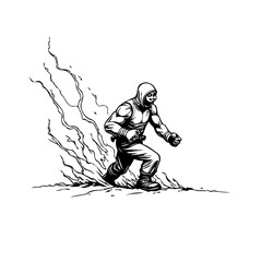 Obraz premium Dynamic hooded figure with forward momentum and abstract smoke trails illustration design sketch