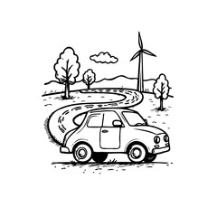 Eco conscious transport illustration depicting sustainable journey amidst nature and renewable