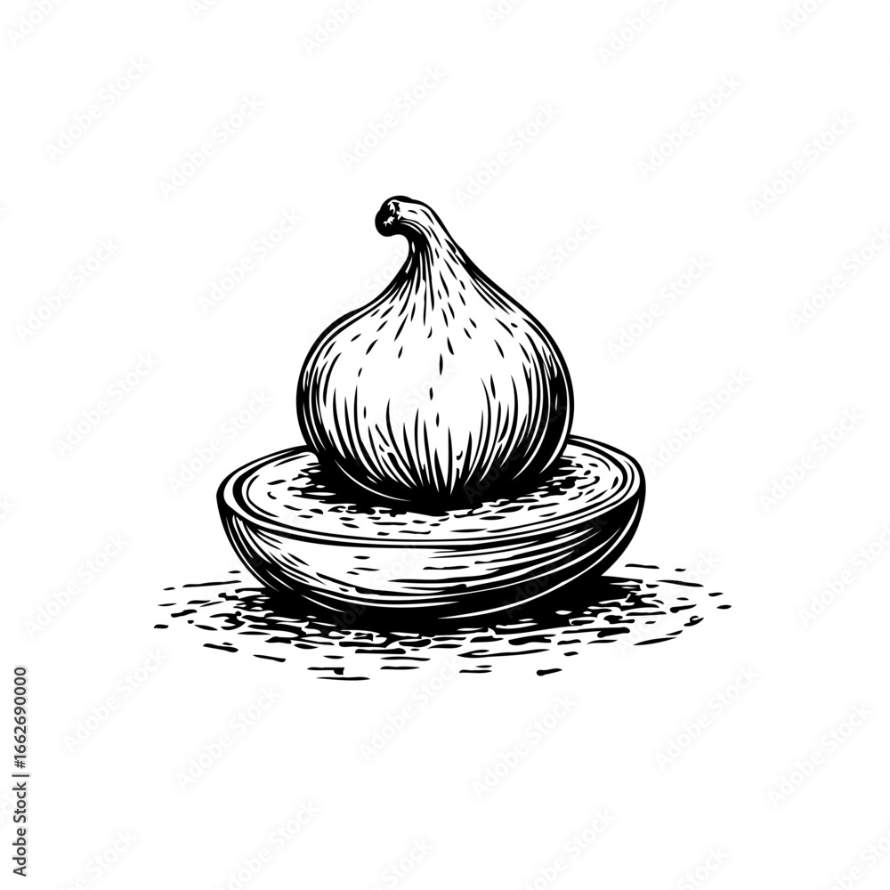 Poster elegant vintage etching showcases a single onion resting in a halved bowl with delicate detailing
