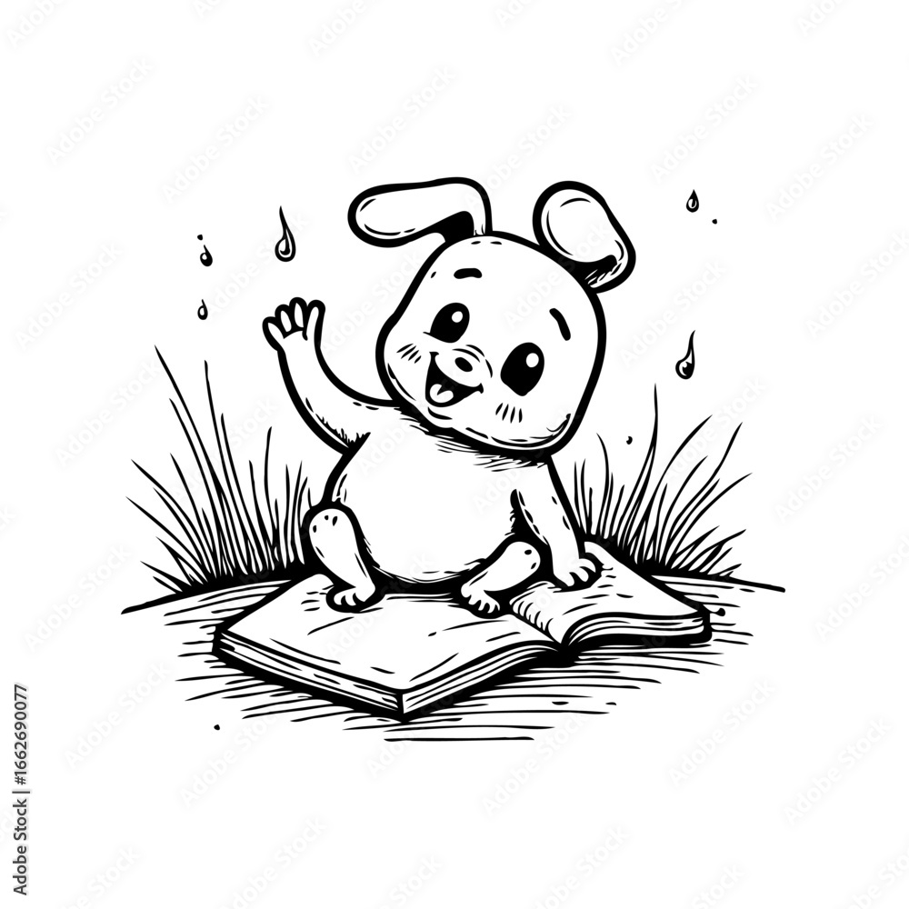 Poster enchanting rabbit character waving hello while sitting on an open book amidst grassy ambiance