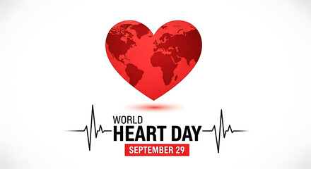 World Heart Day Concept with Red Heart Showing World Map and EKG Line