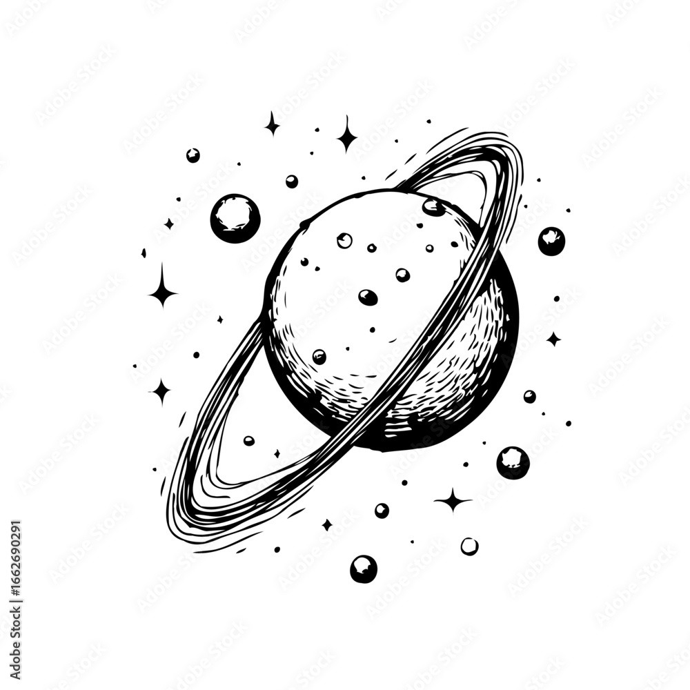Poster enigmatic celestial sphere adorned with intricate rings and surrounded by a cosmos of twinkling