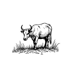 Engraved depiction showcasing domestic farm animal standing amongst grass in monochrome artistic