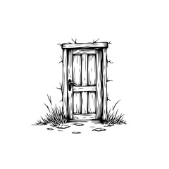 Enigmatic entrance a monochrome sketch of a rustic wooden door surrounded by wild grass and subtle