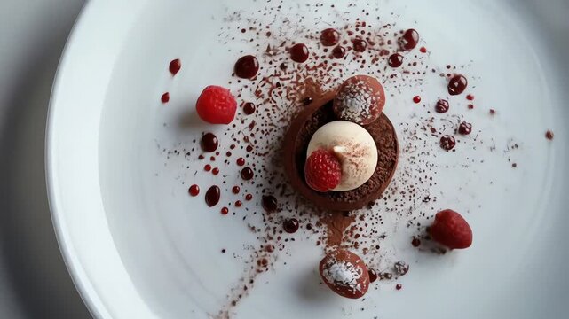 Chocolate dessert with raspberries and sauce artfully arranged on a white plate