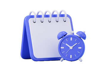 Blue alarm clock next to a blank spiral notebook isolated on transparent background