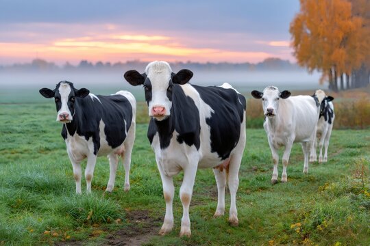 Dairy cows are grazing in a green field at sunrise with fog and autumn trees in the background