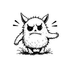 Grumpy furry creature illustration exhibiting angry demeanor with spiky fur standing over grass