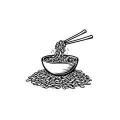 Hand sketched depiction of grain being lifted by chopsticks above a full bowl offering simple