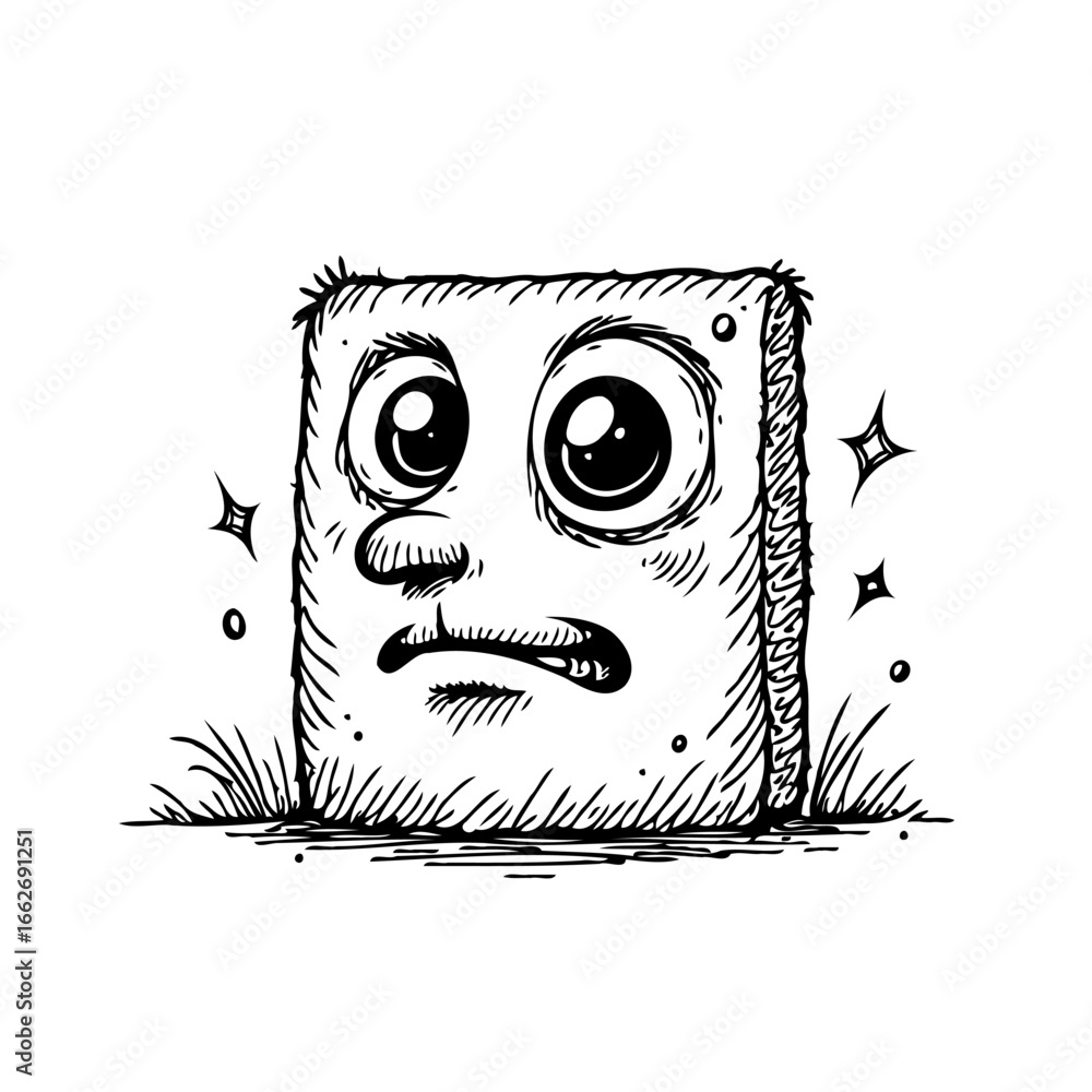 Aufkleber Illustrated square character showcasing a quirky expression with rough lines and sparkling details